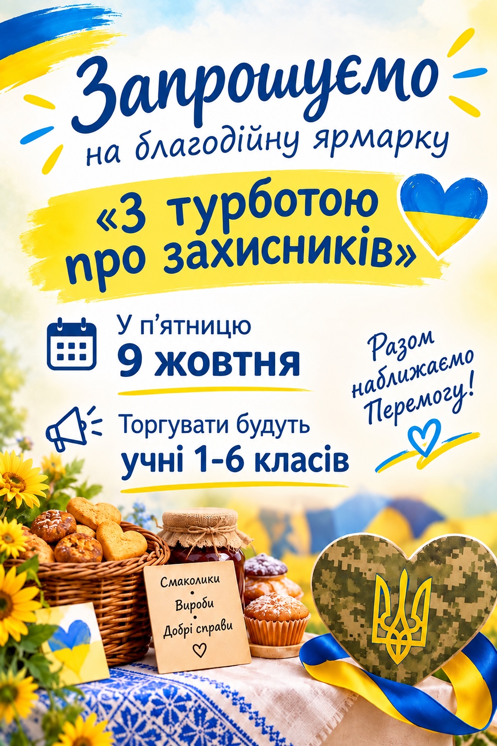 Афіша благодійної ярмарки «З турботою про захисників» 9 жовтня для учнів 1–6 класів
